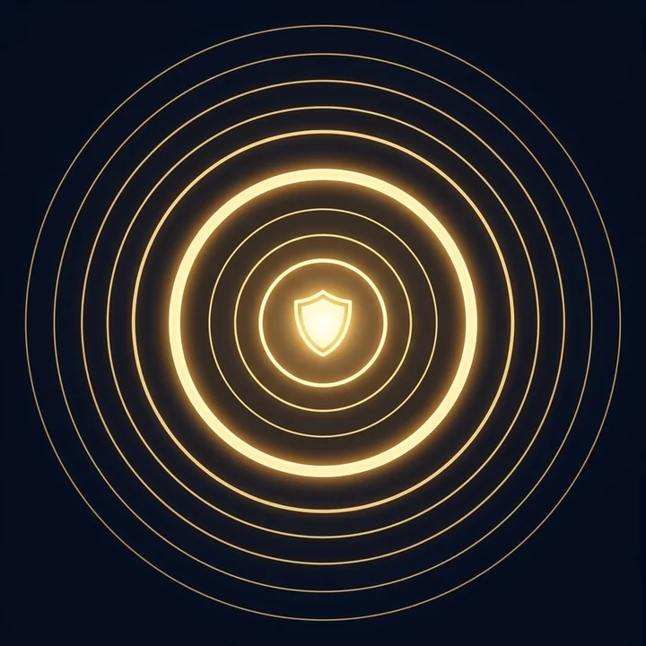 Seven rings of AIB.core, the Guardian ring brightest, around a shield